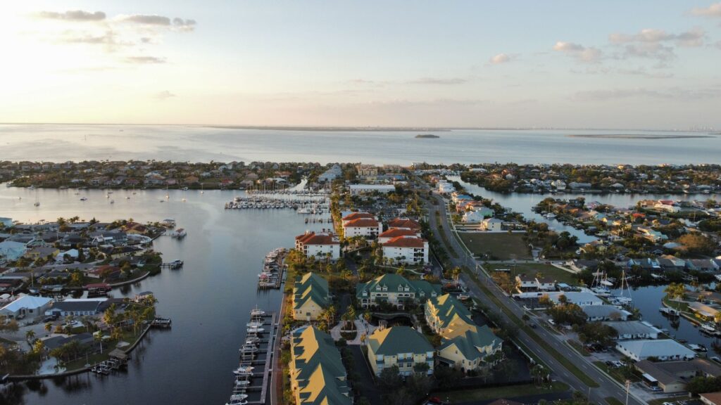 Aerial view of a Northeast Florida waterfront community at sunset