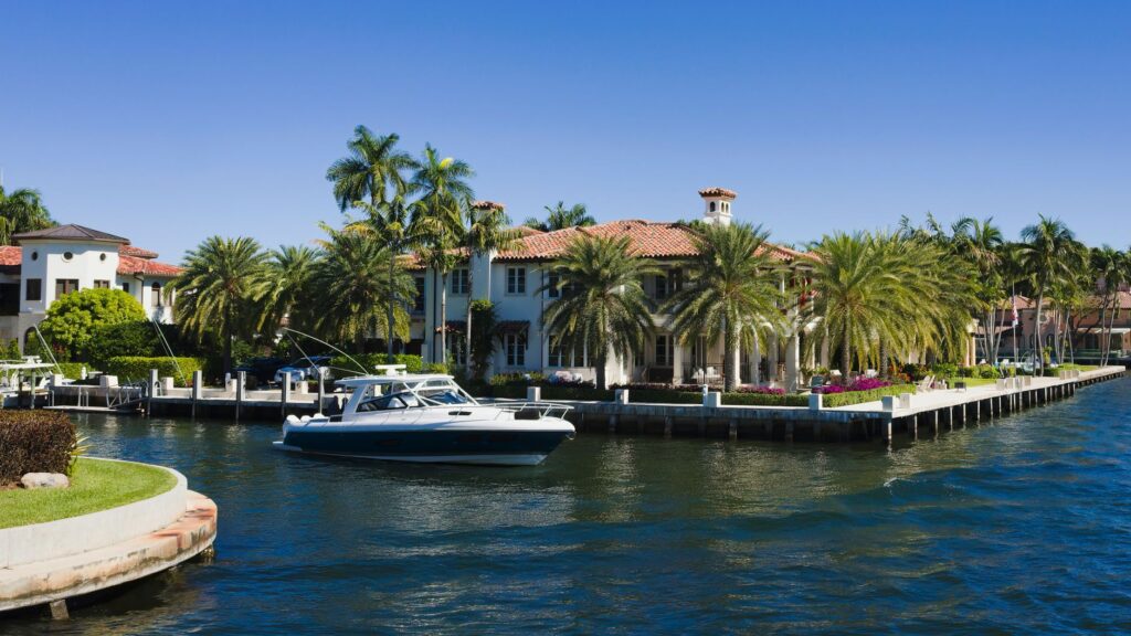 Waterfront residence with a boat moored at its private dock
