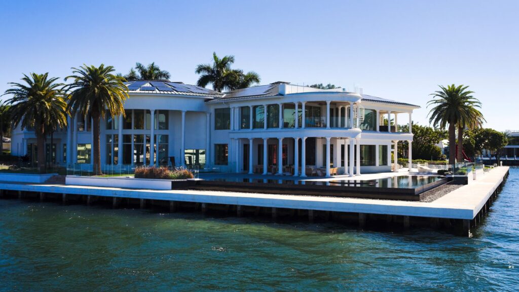 Modern waterfront residence with an engineered dock and seawall