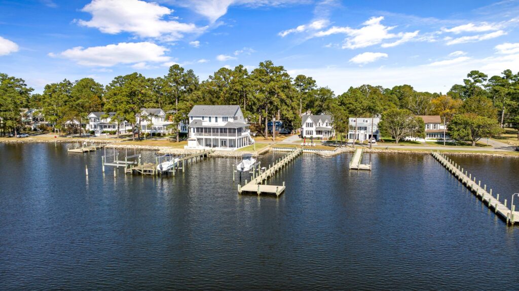 Aerial view of a row of private residential docks
