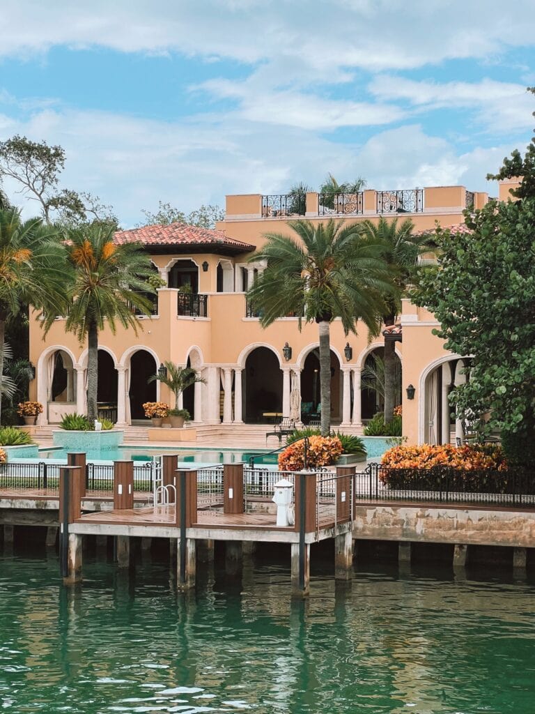 Waterfront villa and pool terrace above a protected bank